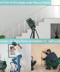 Self Leveling Laser Level With 3x360 Green Beams And 12 Cross Lines For Precise Floor Wall And Ceiling Tiling Construction Tool Kit shown in use for wall and floor alignment.