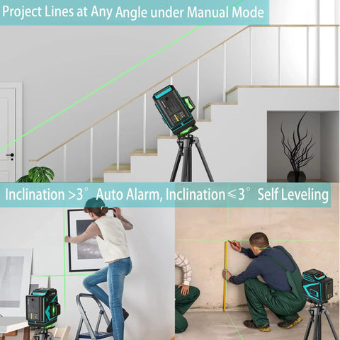 Self Leveling Laser Level With 3x360 Green Beams And 12 Cross Lines For Precise Floor Wall And Ceiling Tiling Construction Tool Kit shown in use for wall and floor alignment.