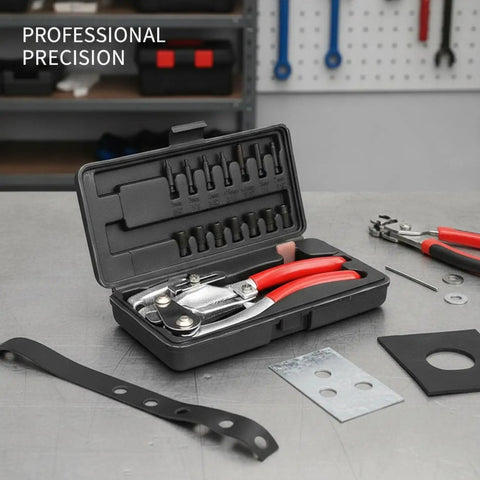 Heavy Duty 16 Piece Manual Hole Punch Plier Set for leather, sheet metal, rubber, and plastic with non-slip handles in open case.