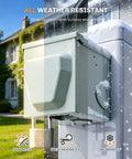 Outdoor Dual 20 Amp GFCI Outlet Box With No Drill Receptacles All Metal Weatherproof 3R Enclosure installed, showing snow resistance