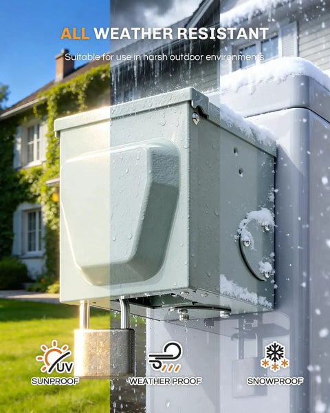 Outdoor Dual 20 Amp GFCI Outlet Box With No Drill Receptacles All Metal Weatherproof 3R Enclosure installed, showing snow resistance