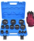 13 Piece Spindle Nut Socket Kit For Ball Joints And Axle Locknuts With 4 Teeth Exterior Half Inch Drive Includes 22mm-83mm in case with gloves