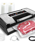Vacuum Sealer Machine With 90Kpa Vacuum, Dry Moist And Liquid Modes, sealing steak with included starter kit accessories.
