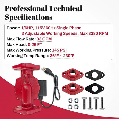 Technical specifications for Kickin Up Heat Heavy Duty Hot Water Circulator Pump 115V 1/6Hp Ups26-99Fc with parts and wiring information.