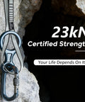 18mm Nylon Climbing Sling Runner With 23kN CE EN566 Certification, 240cm Length, attached to rock for outdoor safety