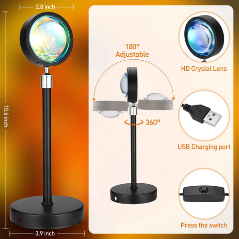 Sunset Lamp Projection With Remote And Phone App Control RGB Color Changing LED Night Light with adjustable stand and USB port.