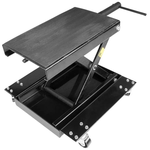 Center Scissor Lift Motorcycle Floor Jack With Wheel Cart Dolly Table Stand 1100 Lbs Capacity Built For Street Bikes And Cruisers Easy Tire Changes Oil And Filter Jobs And Seasonal Storage