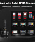 MX Sensor TPMS Sensor Set Of 20 Programmable OE Level 315MHz And 433MHz Press In 2 In 1 For Tire Pressure Monitoring System With Wireless Programming Compatibility TS508 TS608, shown with Autel scanner compatibility