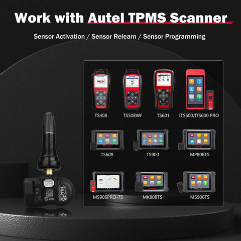 MX Sensor TPMS Sensor Set Of 20 Programmable OE Level 315MHz And 433MHz Press In 2 In 1 For Tire Pressure Monitoring System With Wireless Programming Compatibility TS508 TS608, shown with Autel scanner compatibility