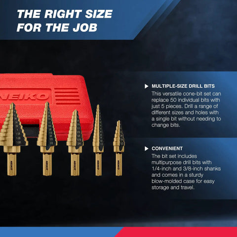 Beefy Five Piece Step Drill Bit Set For Metal With Fifty SAE Sizes shown with red storage case and drill bits on display.