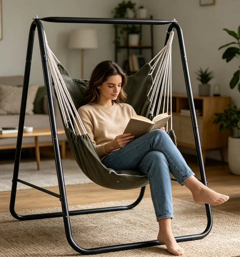 Weather Resistant Hammock Chair Stand With Hanging Swing Chair Included For Indoor Outdoor Use Space Saving Iron Triangle Frame Handles Up To 450 Lbs Easy Setup No Fuss Green Patented Swing Stand in living room.