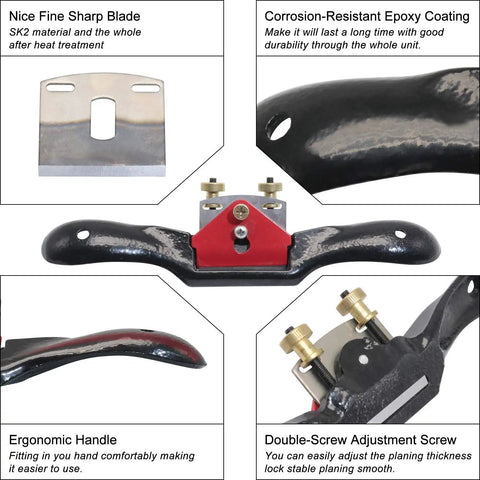 Adjustable Spoke Shave Set with Flat Base, ergonomic handle, corrosion-resistant coating, 6 replaceable heat-treated blades