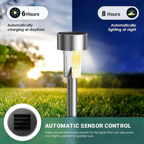 Sun Powered Solar Pathway Lights Outdoor Waterproof Stainless Steel LED Garden Lights For Yard Patio Lawn And Landscape Warm White 16 Pack No Wiring Needed Eco Friendly showcasing automatic sensor control and solar panel.