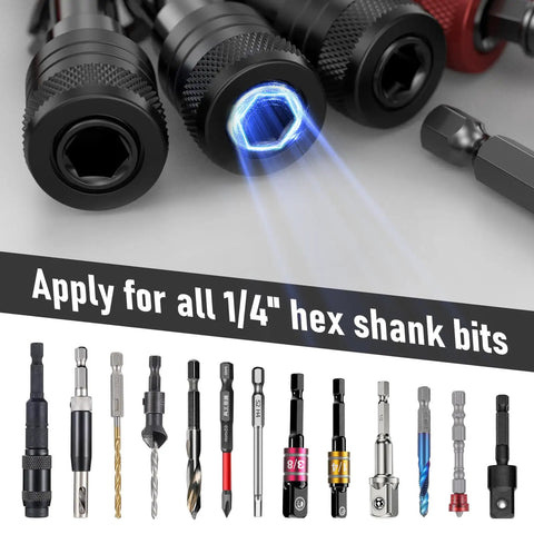 Non Slip Bit Holder Set 6 Piece Pro Grade One Quarter Inch Drill Bit Holder Key Chain With Impact Bit Holders and hex bits