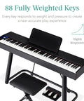 88 Key Weighted Hammer Action Digital Piano Set With U Stand, 3 Pedal Unit, Stool, Keyboard Cover And Dual Headphone Jacks Perfect For Beginners To Pros And All Skill Levels with view of pedals and bench