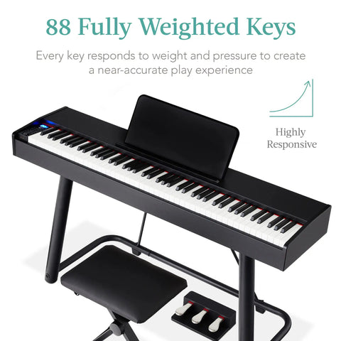 88 Key Weighted Hammer Action Digital Piano Set With U Stand, 3 Pedal Unit, Stool, Keyboard Cover And Dual Headphone Jacks Perfect For Beginners To Pros And All Skill Levels with view of pedals and bench