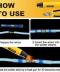 Amliber 400-piece solder-seal wire connector kit with heat gun; blue insulated sleeves on copper wires and diagram.