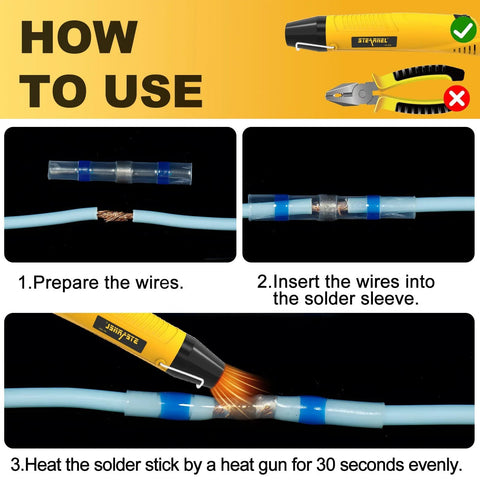 Amliber 400-piece solder-seal wire connector kit with heat gun; blue insulated sleeves on copper wires and diagram.
