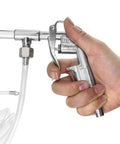 Hand holding Heavy Duty Aluminum Pneumatic Spray Gun With Adjustable Nozzle Tip For High Pressure Cleaning, One Quarter Inch Inlet