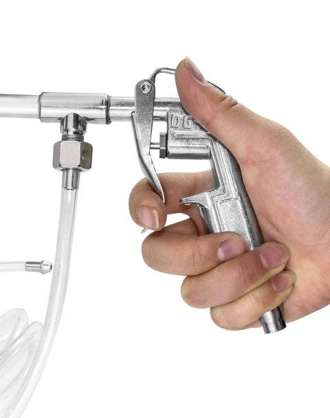Hand holding Heavy Duty Aluminum Pneumatic Spray Gun With Adjustable Nozzle Tip For High Pressure Cleaning, One Quarter Inch Inlet