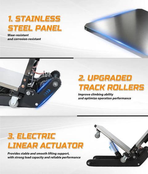 Heavy Duty Electric Stair Climbing Dolly With 900 Pound Capacity And Solid Aluminum Frame features stainless steel panel and upgraded track rollers.