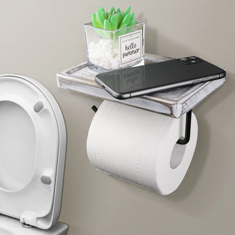 Rustic Wood Toilet Paper Holder With Shelf Easy Mount Wall Mounted Tissue Roll Holder With Black Metal Accents All In One Organizer