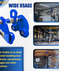 Half Ton Steel Push Beam Trolley for I-Beam, 1100 Lbs Capacity, shown in workshops and warehouses, blue metal construction with wheels.