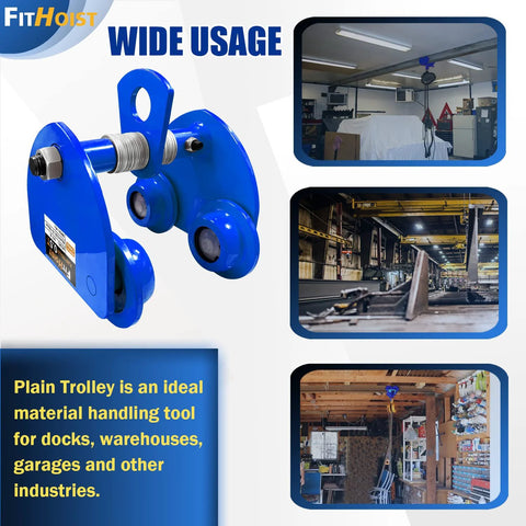 Half Ton Steel Push Beam Trolley for I-Beam, 1100 Lbs Capacity, shown in workshops and warehouses, blue metal construction with wheels.