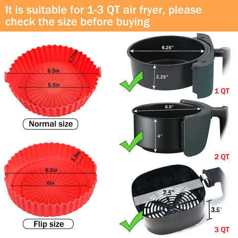 Diagram showing Two Pack Round Silicone Air Fryer Liners Fits 1 To 3.5 Qt Baskets Reusable Pot Bowl For Air Fryers Top 6.5 Inch Bottom 5.5 Inch