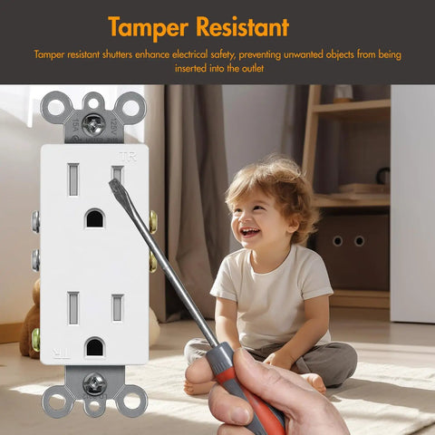 Tamper Resistant Decorator Receptacle Outlet 15 Amp 125 Volt Grounding UL Listed White Wall Socket Pack Of 50 Built Tough High Impact Thermoplastic Face And Back Body For Finger Safe Install