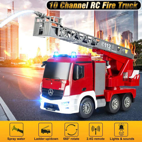 Benz Licensed Remote Control Fire Truck Toy With Realistic Alarm Lights, Working Water Pump And Rotating Rescue Ladder in action