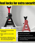 Front view: Pair of black and red 6-ton A-frame jack stands, adjustable 15.6–23.4 in, with double locking pins.