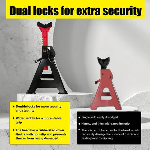 Front view: Pair of black and red 6-ton A-frame jack stands, adjustable 15.6–23.4 in, with double locking pins.