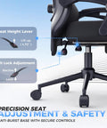 Close-up of ergonomic office chair with footrest showing seat height and tilt lock adjustment levers.