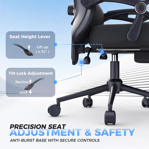 Close-up of ergonomic office chair with footrest showing seat height and tilt lock adjustment levers.