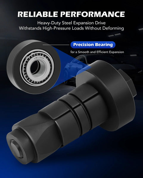 Orion Motor Tech exhaust pipe expander tool kit, black metal with segmented grip and bearing insert.