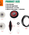 Must Have Dryer Repair Kit With Belt, Drum Rollers And Idler Pulley For 3000 Series Dryers, parts shown with dimensions