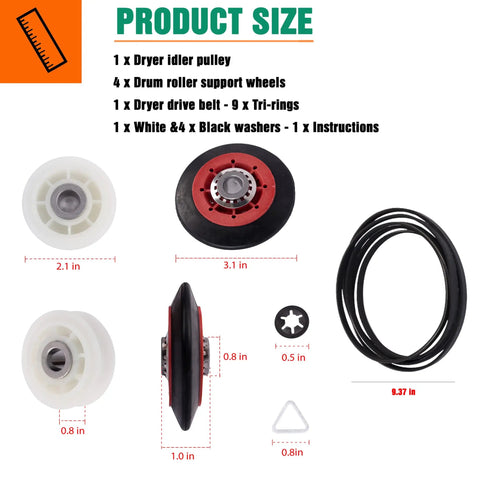 Dryer Repair Kit With Drum Rollers, Belt And Idler Pulley Replacement Set Fits Duet Front Load Dryers, detailed dimensions