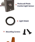 Outdoor Dusk To Dawn Photocell Sensor With Ezee Change Plug For 3 Inch Lamp Posts Auto On Off Bronze Finish 120 Volt UL Listed Weatherproof Post Light Controller No Rewiring Needed Fast Plug Swap 5 Year Warranty Pack Of 1 parts including sensor, light shield, screws, and wire nuts