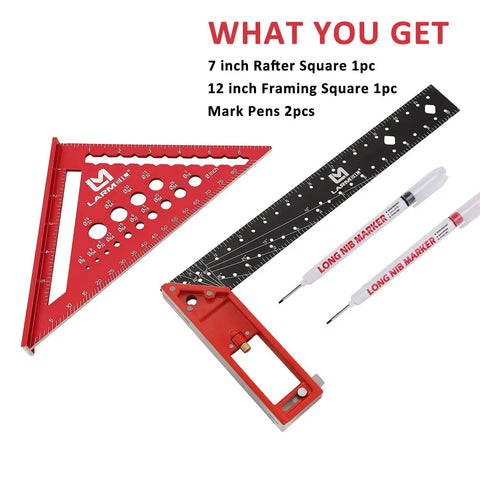 Rafter Square 7 Inch and Framing Square 12 Inch Carpenter Set, Aluminum CNC Machined Squares, with marking pens