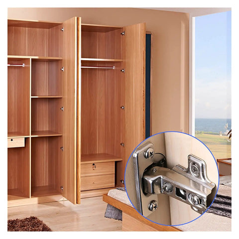 Open wardrobe with 10 Pack Stainless Steel Cabinet Door Hinges With Ultra Quiet Soft Close, close-up of hinge detail inset.