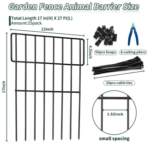 No Dig Animal Barrier Fence Kit 27ft Long 17in High Garden Border Fence With 25 Rustproof Metal Panels 1.52in Spike Spacing