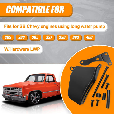 Long Water Pump Alternator Bracket For Chevy Small Block SBC 305 350 Engines 1969 To 1986 With Hardware Black Finish Kit