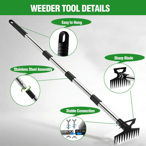 2 In 1 Weed Puller Tool With Garden Hoe And Weed Rake 60 Inch Adjustable Long Handle Stainless Steel Heavy Duty Manual Weeder