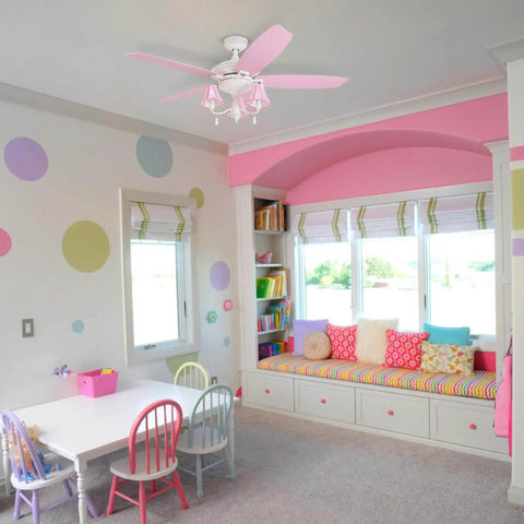 48 Inch Princess Style Indoor LED Ceiling Fan With Light, pink and white fabric shades, in a colorful kids' room with bookshelves