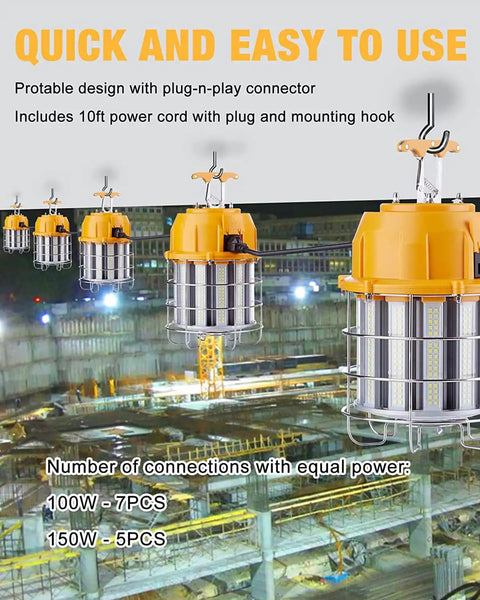 LED Temporary Work Light 100W With 12000 Lumens And 5000K Daylight Stainless Steel Guard Portable Hanging Work Lamp