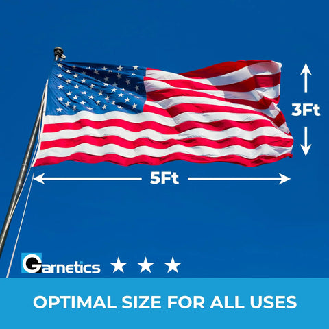 Premium 3X5 Outdoor American Flag Made in USA With Embroidered Stars And Sewn Stripes heavy duty nylon flag displayed on pole.