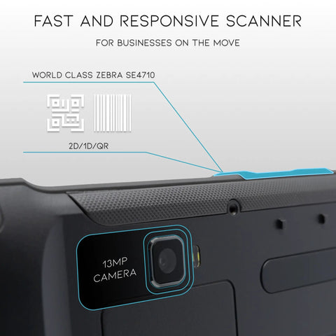 Rugged Android RFID Scanner Tablet Workhorse With Impinj E710 UHF Reader And Zebra SE4710 Barcode Scanner Android 13 WiFi GPS NFC Bluetooth Heavy Duty Build 8700mAh All Day Battery Customizable Accessory Bundles showing Zebra SE4710 2D/1D/QR scanner and 13MP camera close-up.