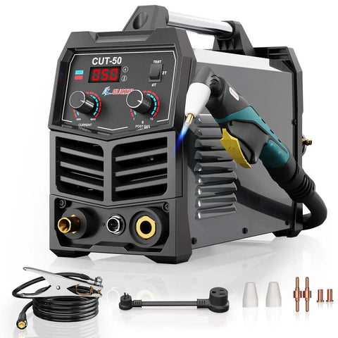 Beefy 50 Amp Dual Voltage Plasma Cutter With Air Inverter, 110 Volt And 220 Volt, Digital Display, IGBT Inverter, 2T 4T And Test Modes