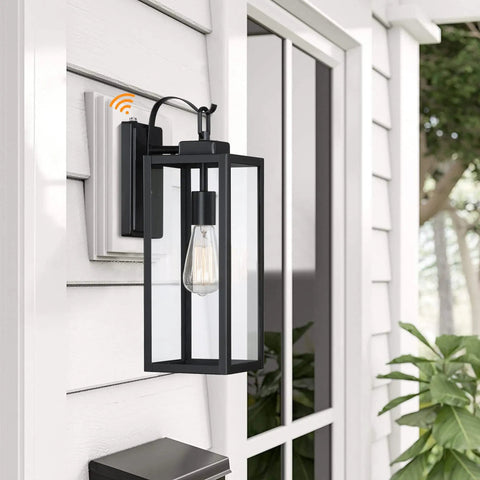 Large Outdoor Wall Light With Dusk To Dawn Sensor, Matte Black Exterior Fixture, Clear Glass Shade, Waterproof Lantern
